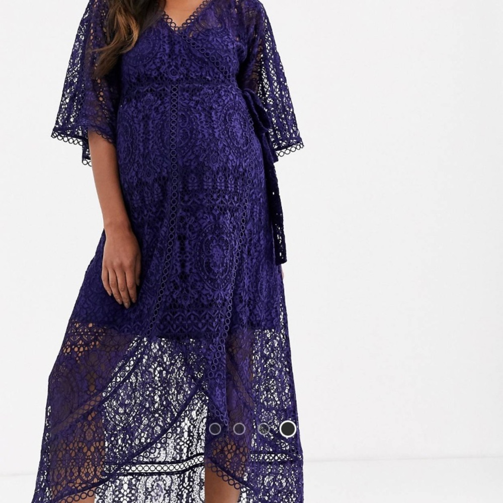 Blue Lace Wrap Midi Maternity Dress
